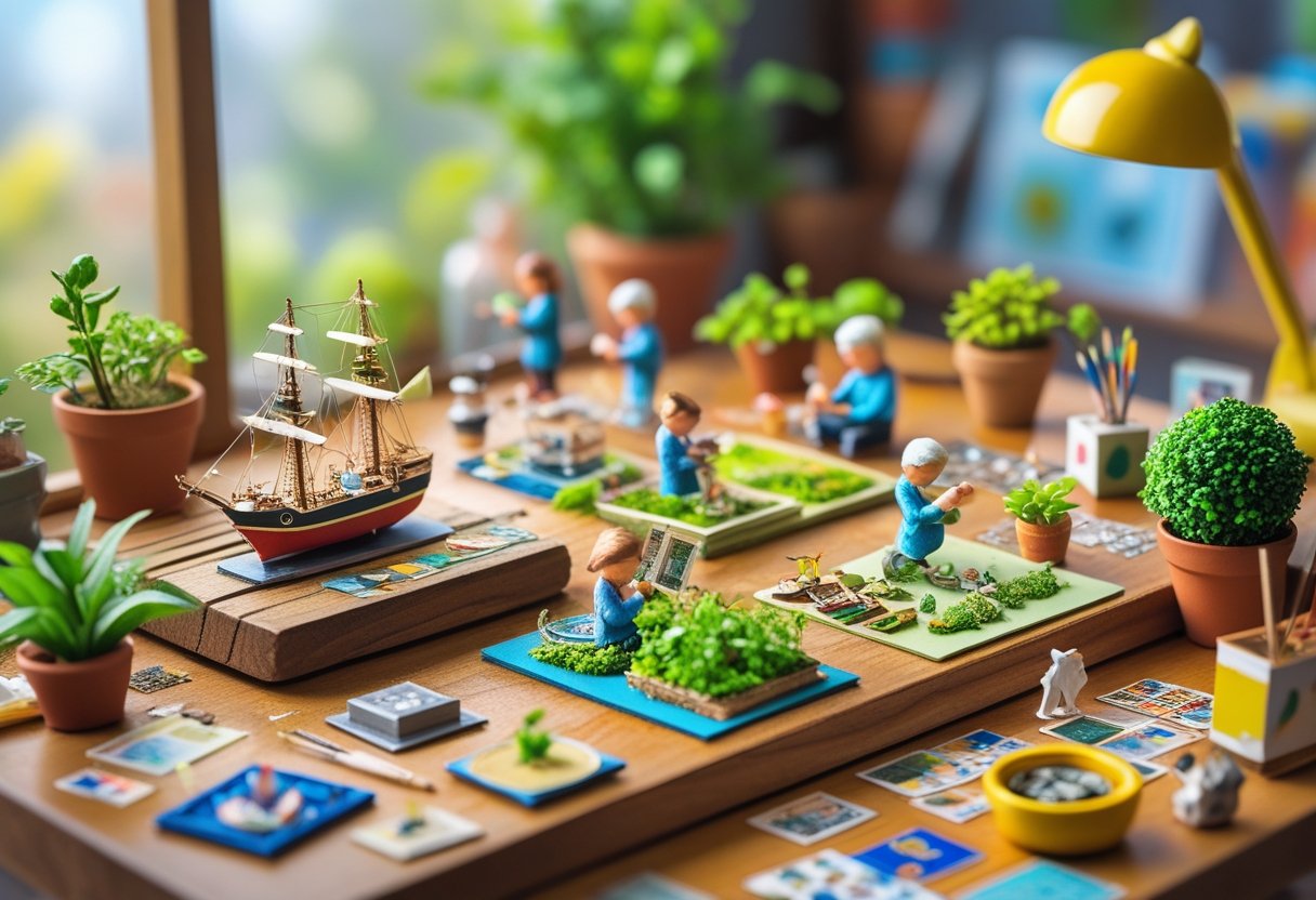 A detailed scene showing various miniature hobbies, including model building, tiny plant cultivation, origami, miniature painting, and small object collecting arranged on a table.