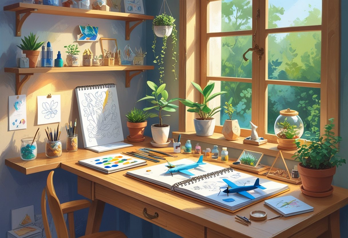 A cozy workspace with a desk displaying miniature hobby items like painting supplies, a model airplane, a succulent plant, and a sketchbook, surrounded by shelves with tiny handcrafted objects.