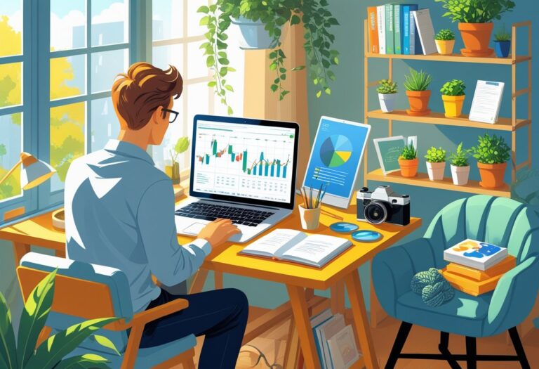 A person working at a desk with a laptop, surrounded by art supplies, plants, a camera, and knitting materials in a bright, cozy room.