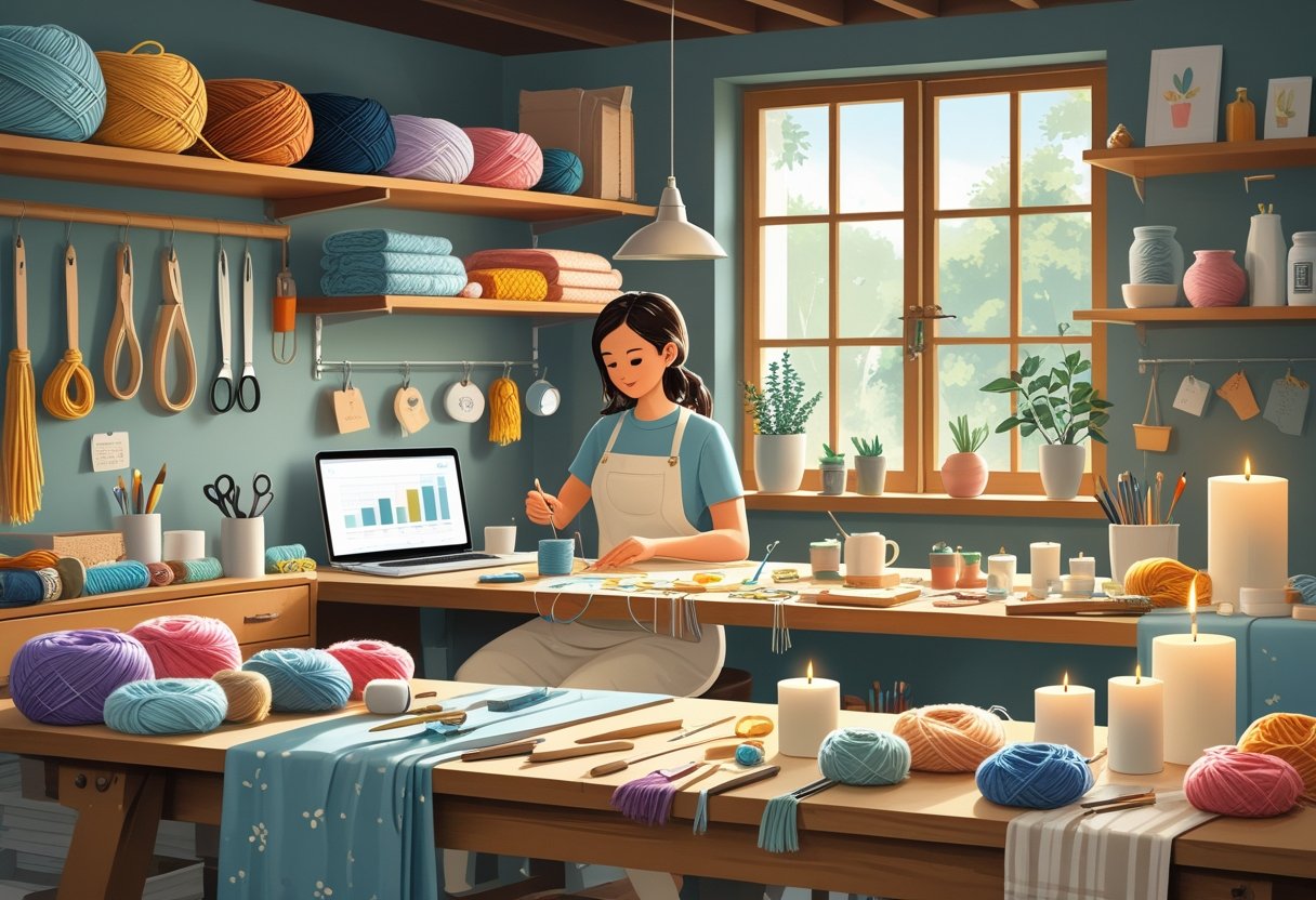 A person working on handmade crafts in a cozy workshop filled with various crafting materials and finished goods displayed on shelves.