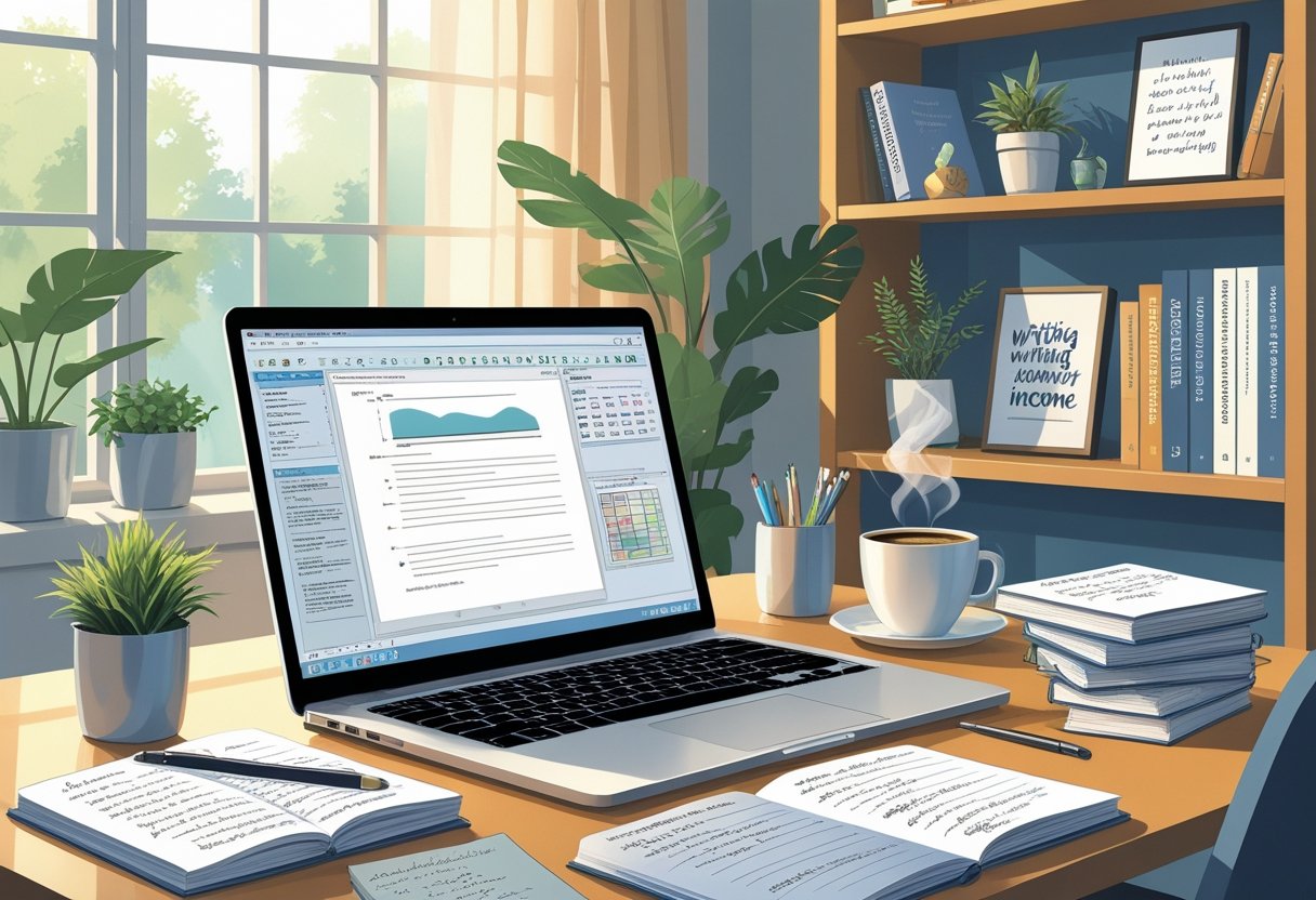 A home office with a laptop, notebooks, books, and a coffee cup, suggesting writing and publishing activities.