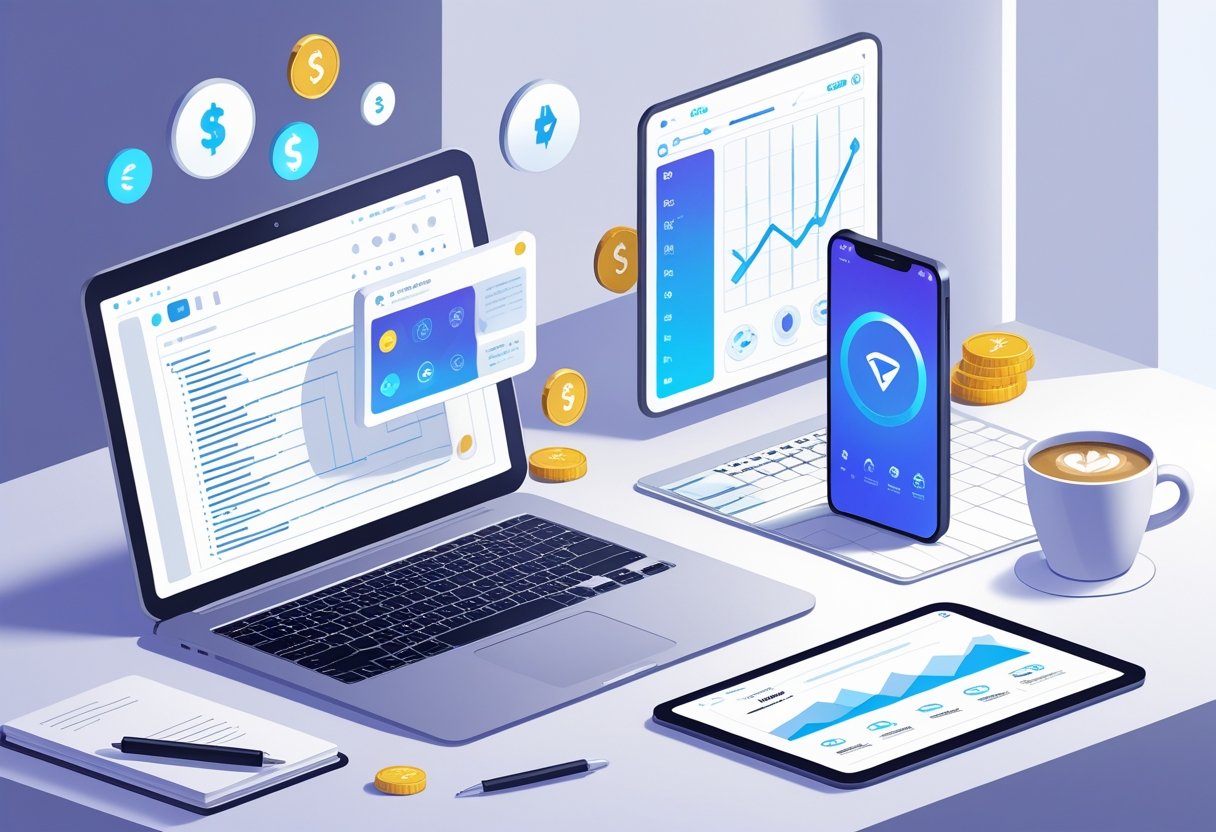 A workspace with a laptop, smartphone, and tablet showing app development, game design, and software sketches, surrounded by icons symbolizing passive income.