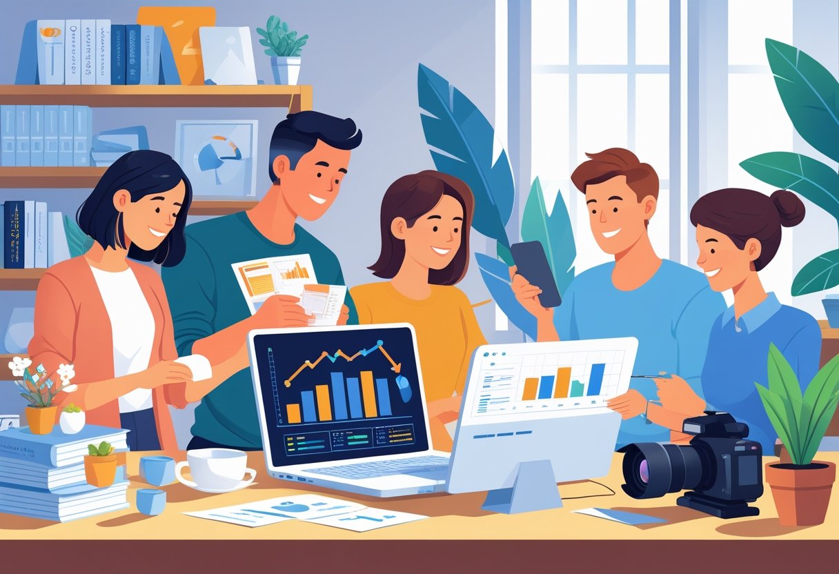 People engaged in different passive income hobbies like crafting, investing, and content creation in a home office.
