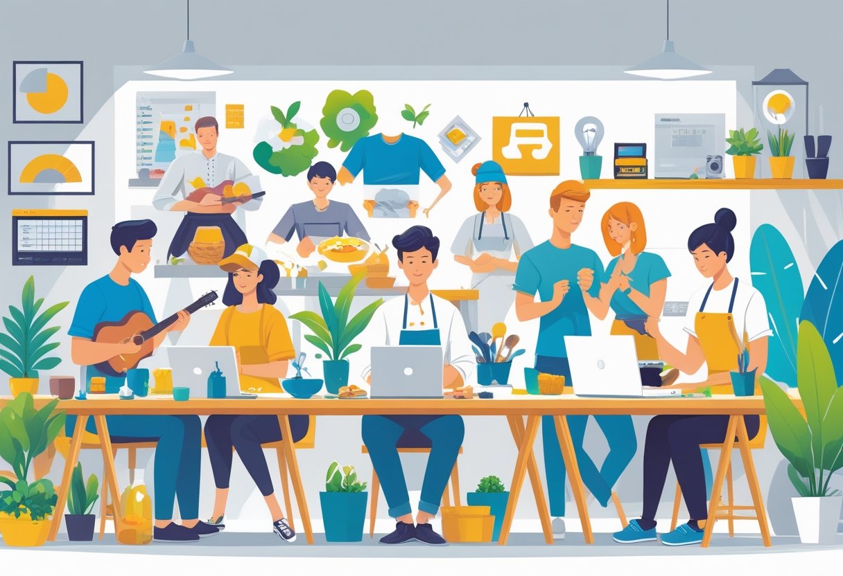 A group of people engaged in various hobbies like painting, playing guitar, coding, cooking, gardening, photography, writing, yoga, fashion design, woodworking, music, gaming, dancing, baking, and science in a bright workspace.