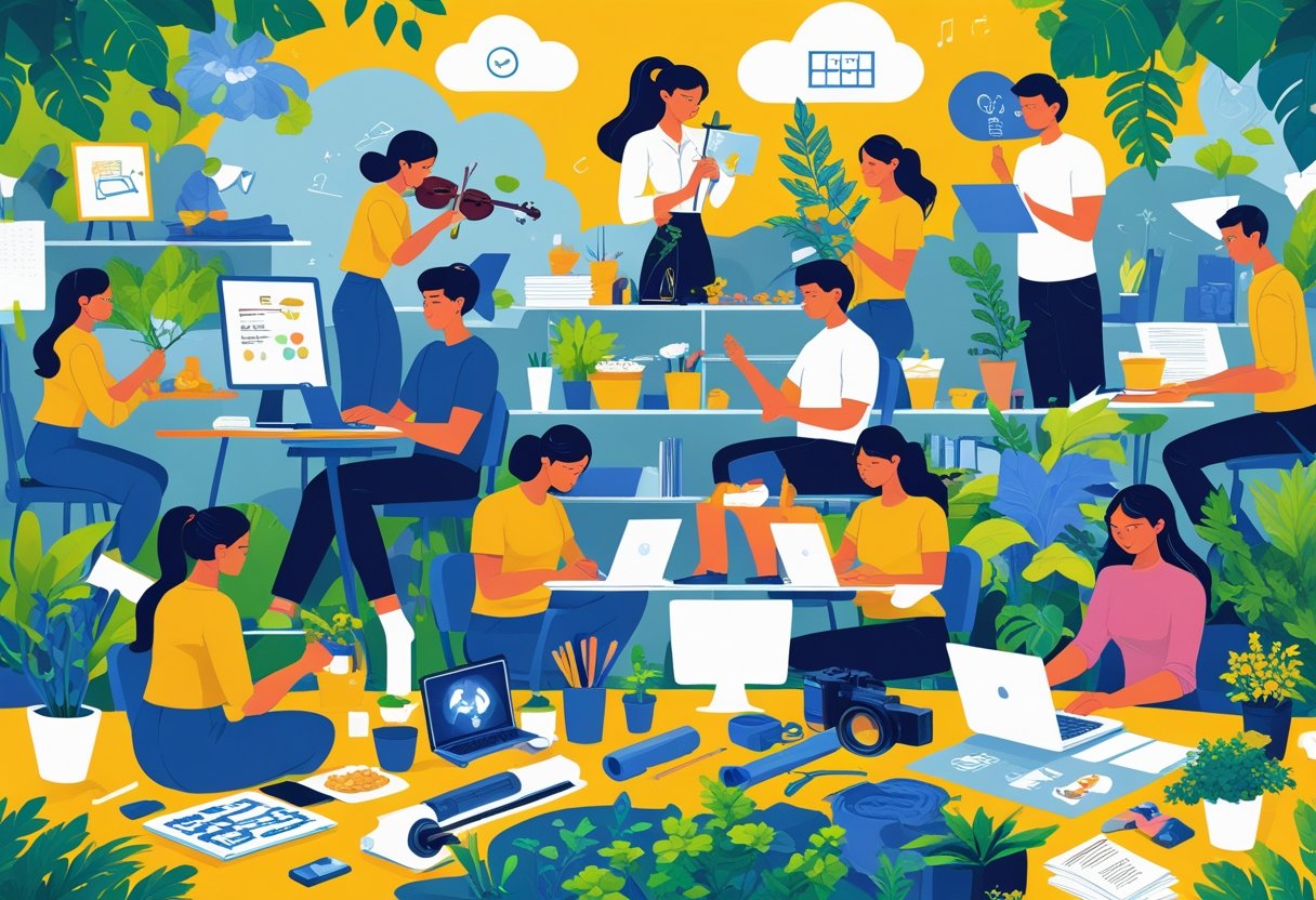 A group of people engaged in various hobbies like painting, playing instruments, coding, gardening, baking, photography, writing, jewelry making, woodworking, yoga, fashion design, filming, gaming, and dance instruction.