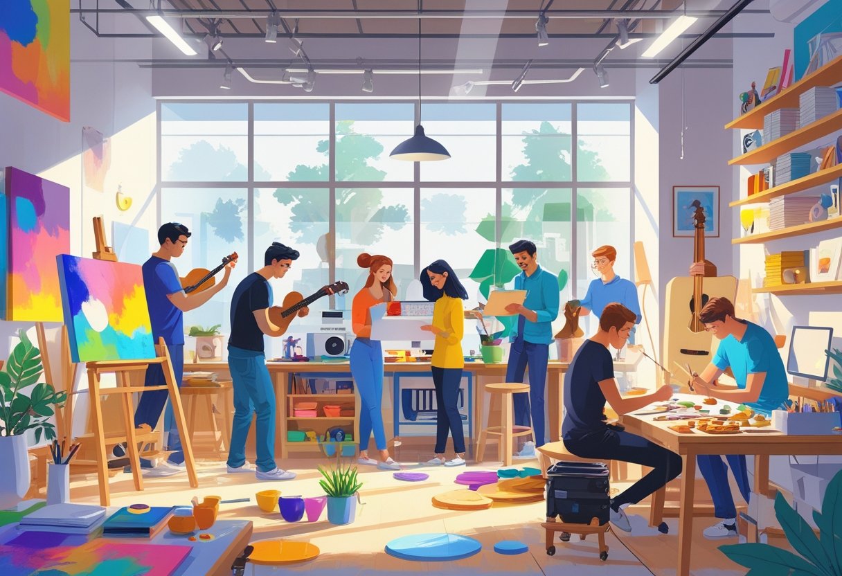 A group of people engaged in various creative hobbies like painting, pottery, music, writing, photography, baking, and woodworking in a bright studio space.