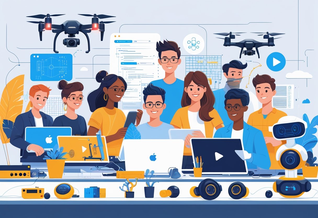 A group of diverse people engaged in technology-related hobbies such as coding, drone flying, digital art, video editing, and robotics in a modern workspace.
