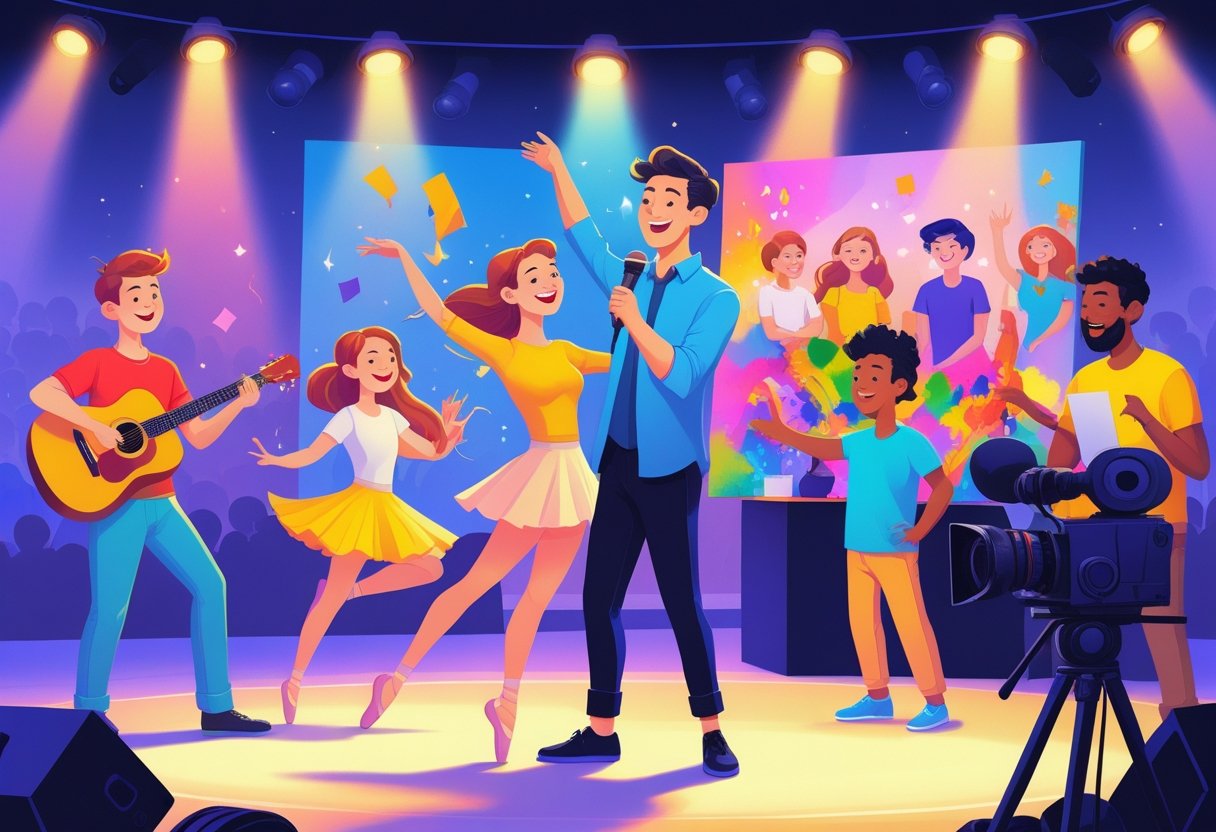 A group of diverse people engaged in hobbies like playing guitar, ballet dancing, stand-up comedy, painting, magic, and filmmaking in front of an audience.