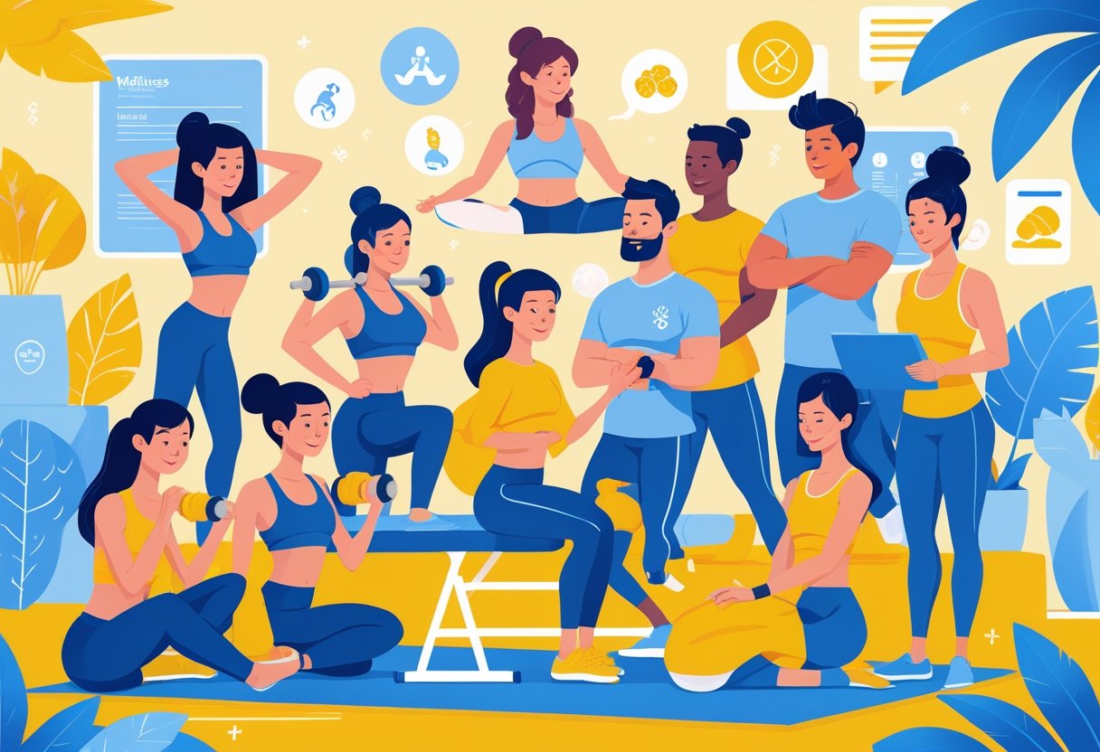 A group of diverse people engaging in various wellness and fitness activities like yoga, personal training, nutrition consulting, massage therapy, dance instruction, cycling, and healthy meal preparation.