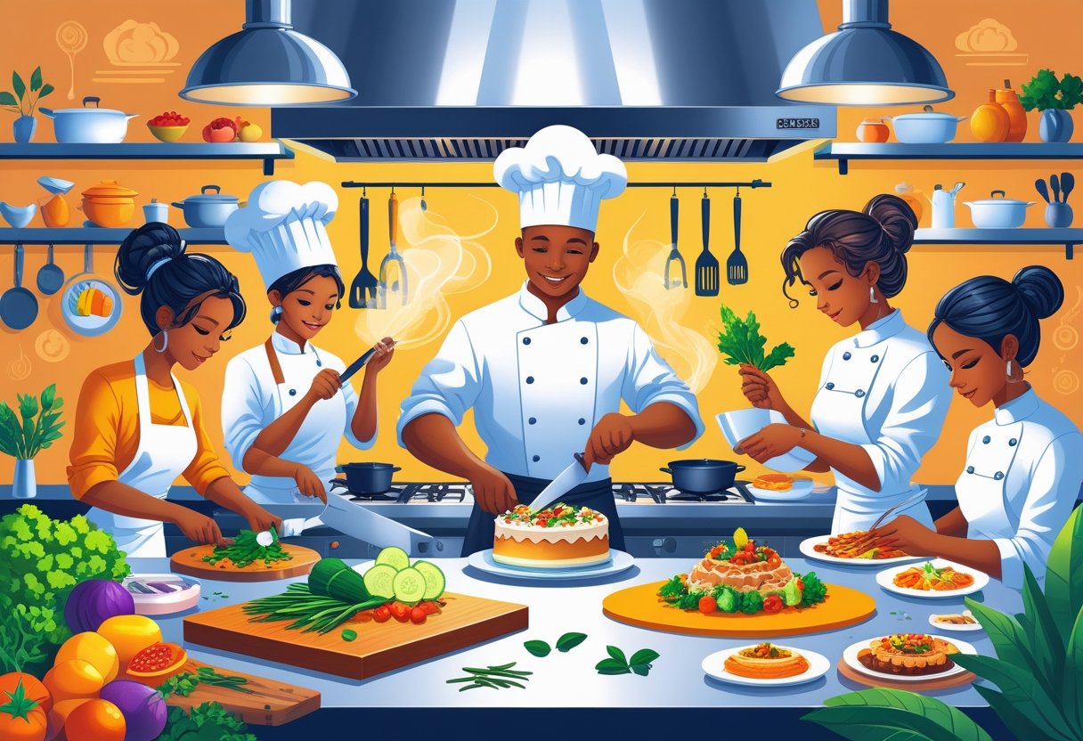 A group of people cooking, decorating cakes, plating dishes, and engaging in various food-related activities in a professional kitchen setting.