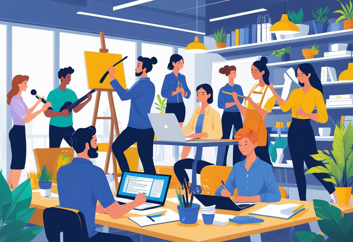 A group of people engaged in different hobbies such as painting, music, coding, gardening, baking, photography, woodworking, writing, and fashion design in a bright, creative workspace.