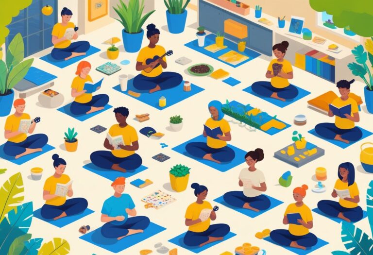 A group of diverse people engaged in various hobbies such as sketching, yoga, playing ukulele, reading, cooking, knitting, gardening, puzzles, meditation, journaling, dancing, calligraphy, working out, brewing tea, gaming, origami, photography, painting, writing, and crafting in a bright indoor and outdoor setting.