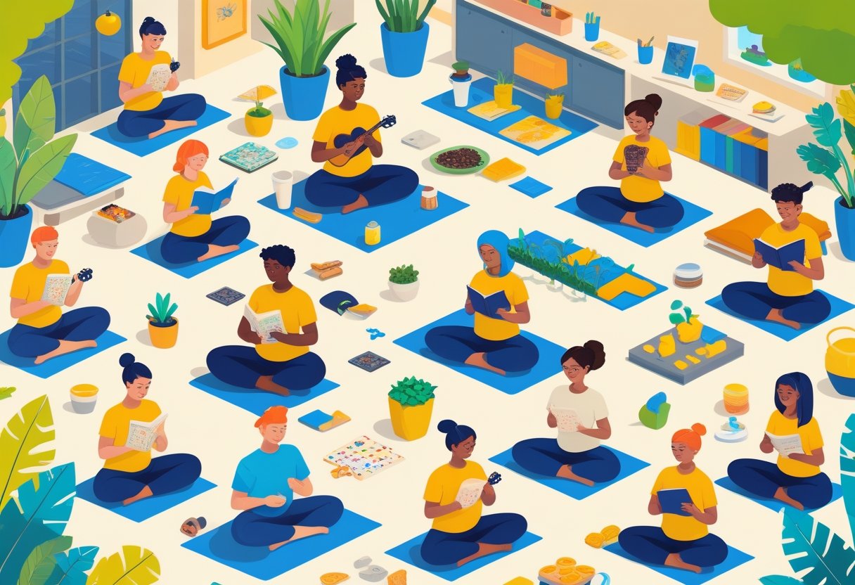 A group of diverse people engaged in various hobbies such as sketching, yoga, playing ukulele, reading, cooking, knitting, gardening, puzzles, meditation, journaling, dancing, calligraphy, working out, brewing tea, gaming, origami, photography, painting, writing, and crafting in a bright indoor and outdoor setting.