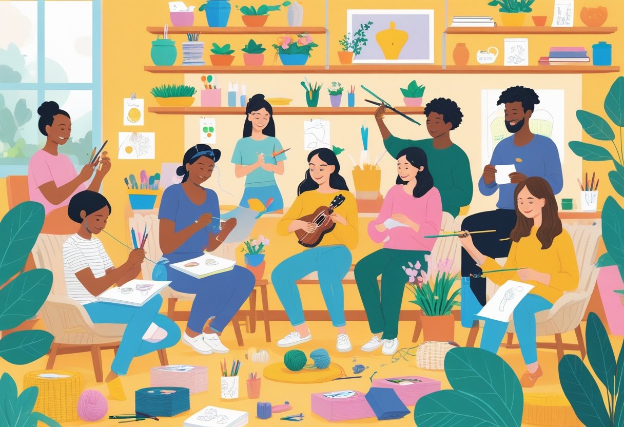 A group of people engaged in various creative hobbies indoors, including drawing, knitting, arranging flowers, playing a ukulele, origami, painting, journaling, and crafting.