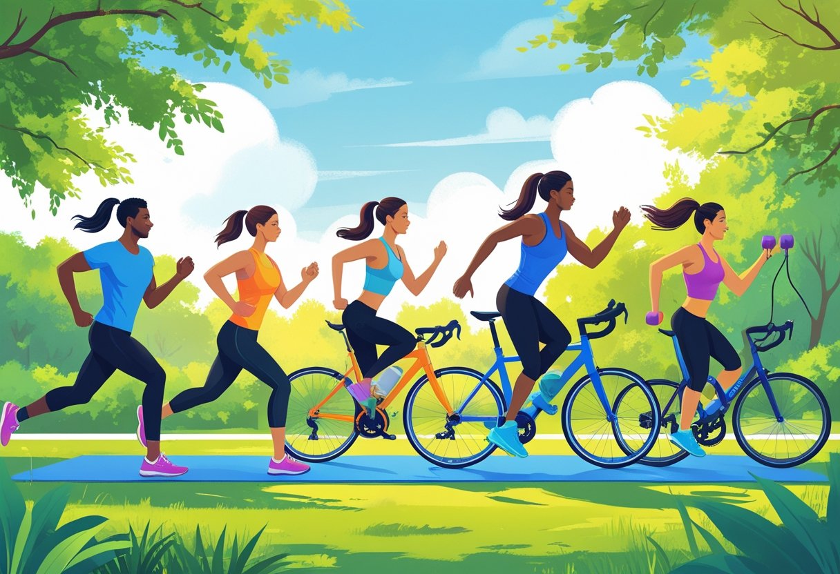 People of different ages and backgrounds doing quick fitness activities outdoors, including jogging, yoga, cycling, skipping rope, and weightlifting.