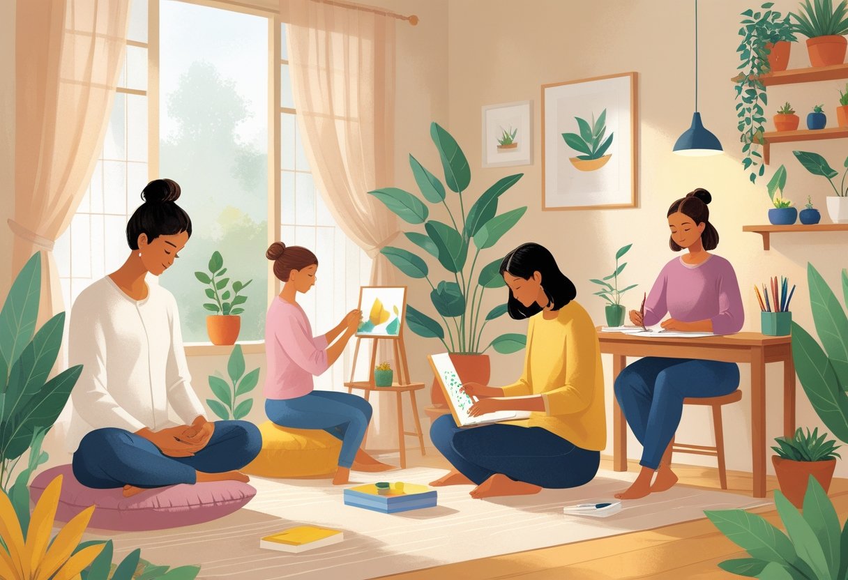 People engaged in various relaxing hobbies indoors, including meditating, painting, gardening, journaling, and knitting.