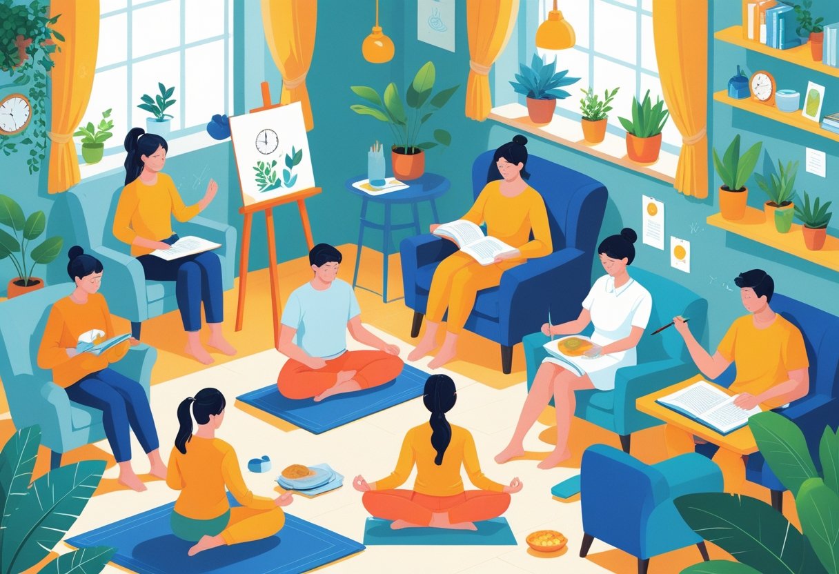 People engaged in various productive hobbies indoors, including yoga, painting, reading, writing, cooking, and playing music.