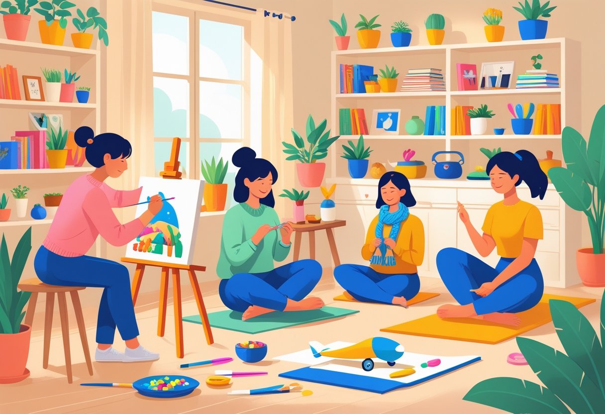 A cozy room with several people enjoying different hobbies like painting, knitting, assembling a model airplane, and doing yoga.