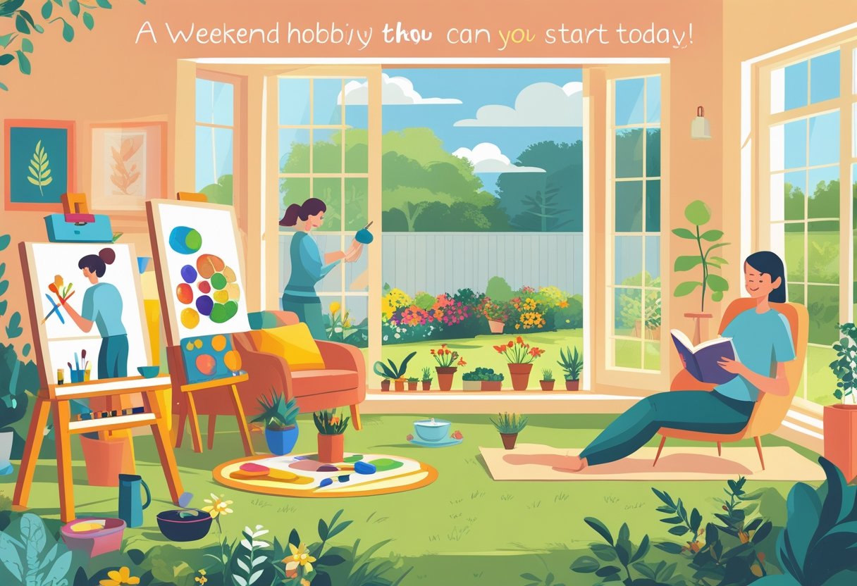 A cozy indoor and outdoor scene showing people painting, reading, gardening, and doing yoga on a sunny weekend.