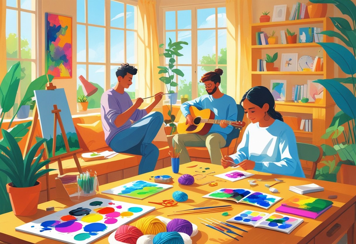 A sunlit room where people are engaged in painting, knitting, model building, and playing guitar, surrounded by art supplies and plants.