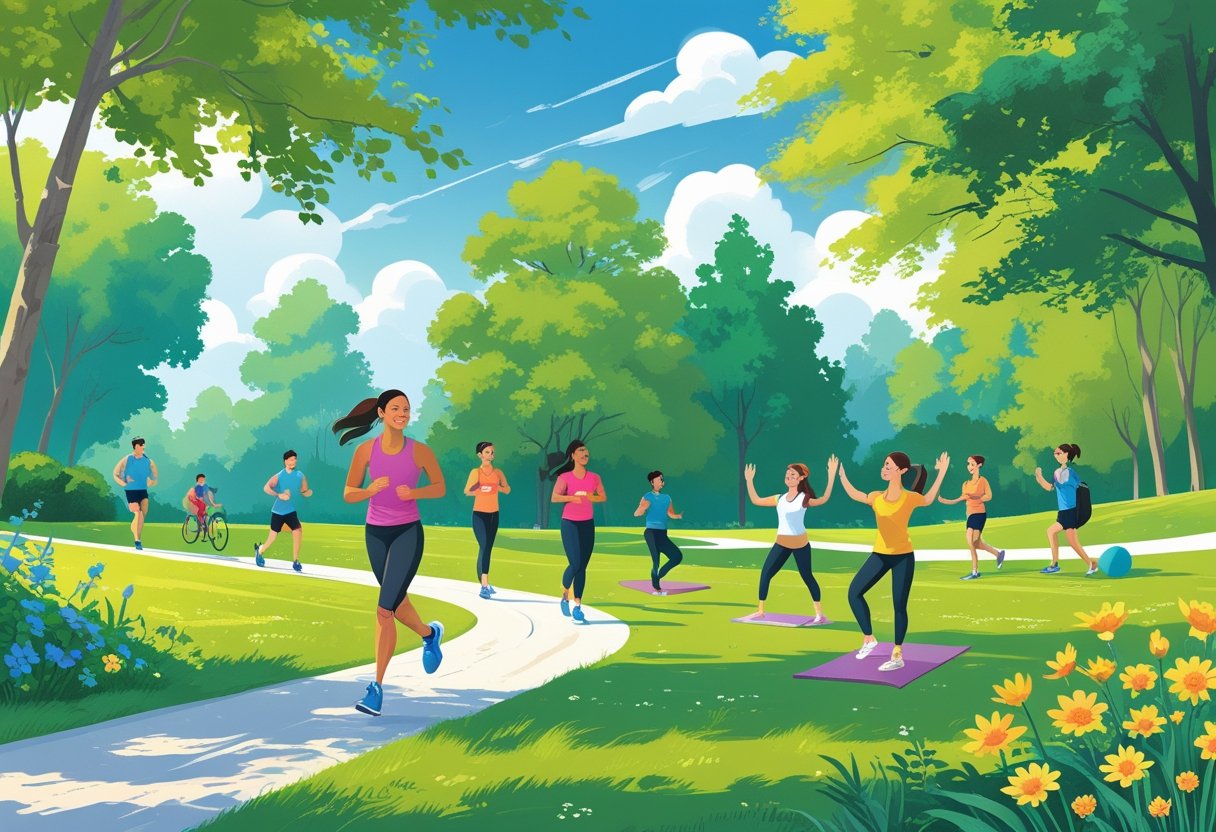 People engaging in jogging, yoga, frisbee, cycling, and hiking outdoors in a sunny park setting.
