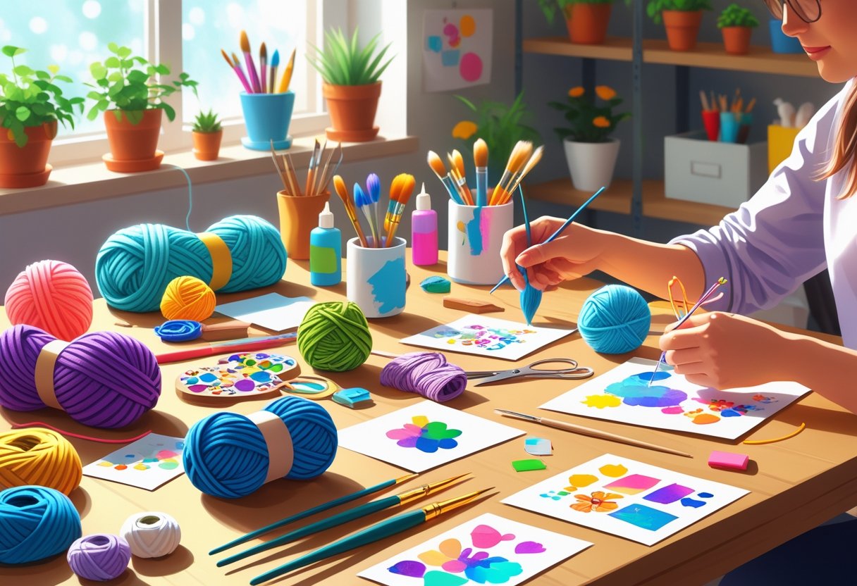A person’s hands working on a colorful craft project at a table filled with various DIY materials and tools in a cozy, well-lit room.