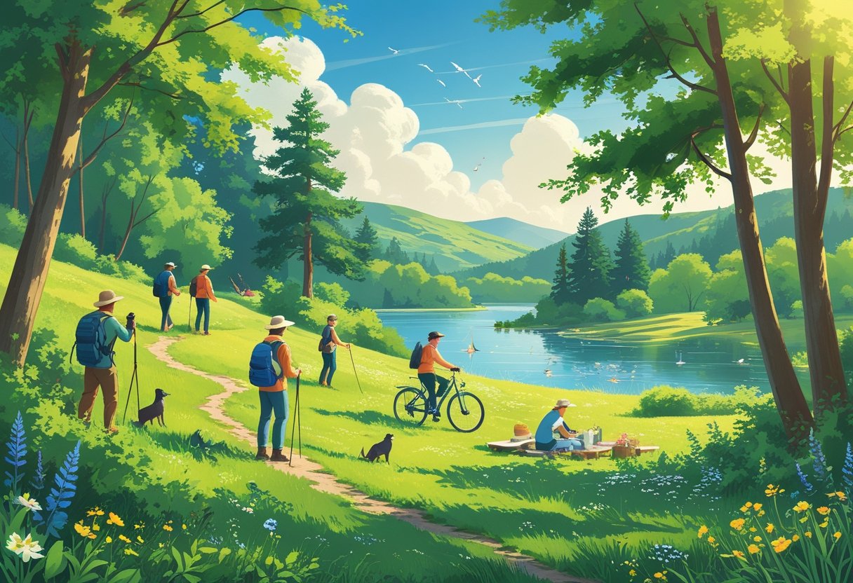 People enjoying various outdoor hobbies like hiking, fishing, cycling, birdwatching, and picnicking in a green natural landscape with trees, a lake, and hills.