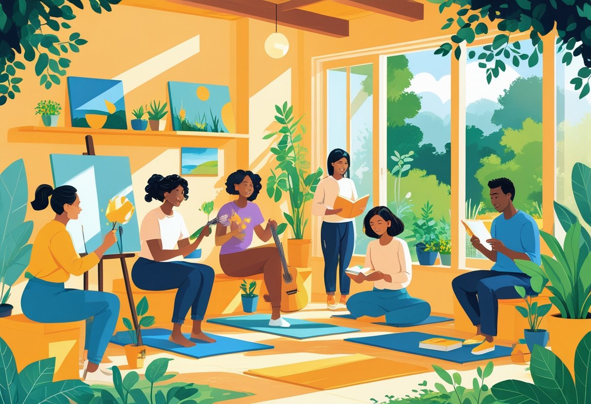 People engaged in various weekend hobbies like painting, yoga, playing guitar, gardening, reading, and woodworking in a bright and welcoming indoor and outdoor space.