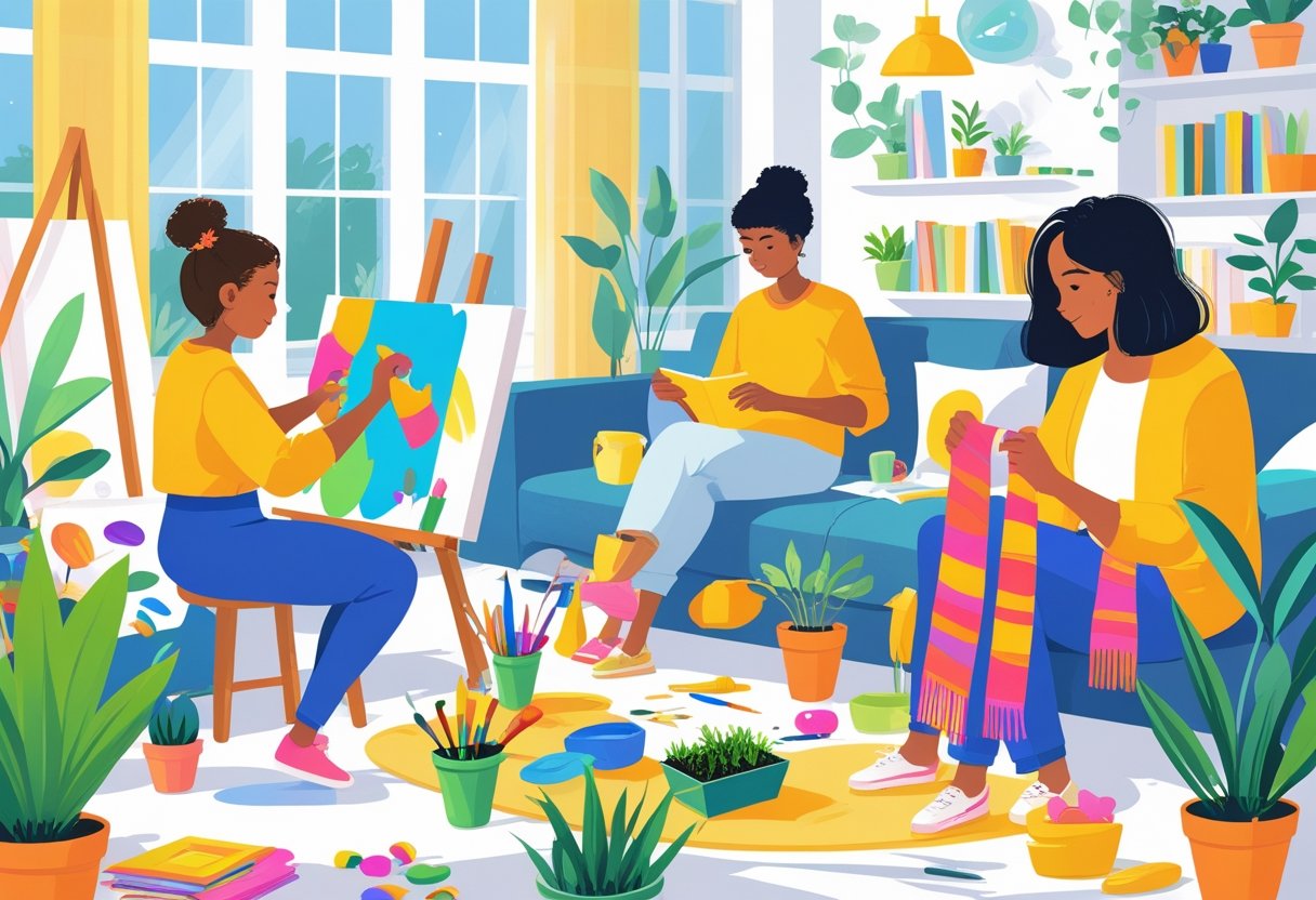 A group of people enjoying different weekend hobbies indoors, including painting, knitting, gardening, and reading in a bright, cozy living room.