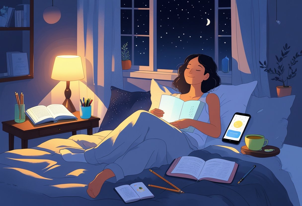 A person sitting on a bed in a softly lit bedroom at night, surrounded by a book, sketchbook, cup of tea, smartphone, and journal, preparing for relaxing hobbies before sleep.