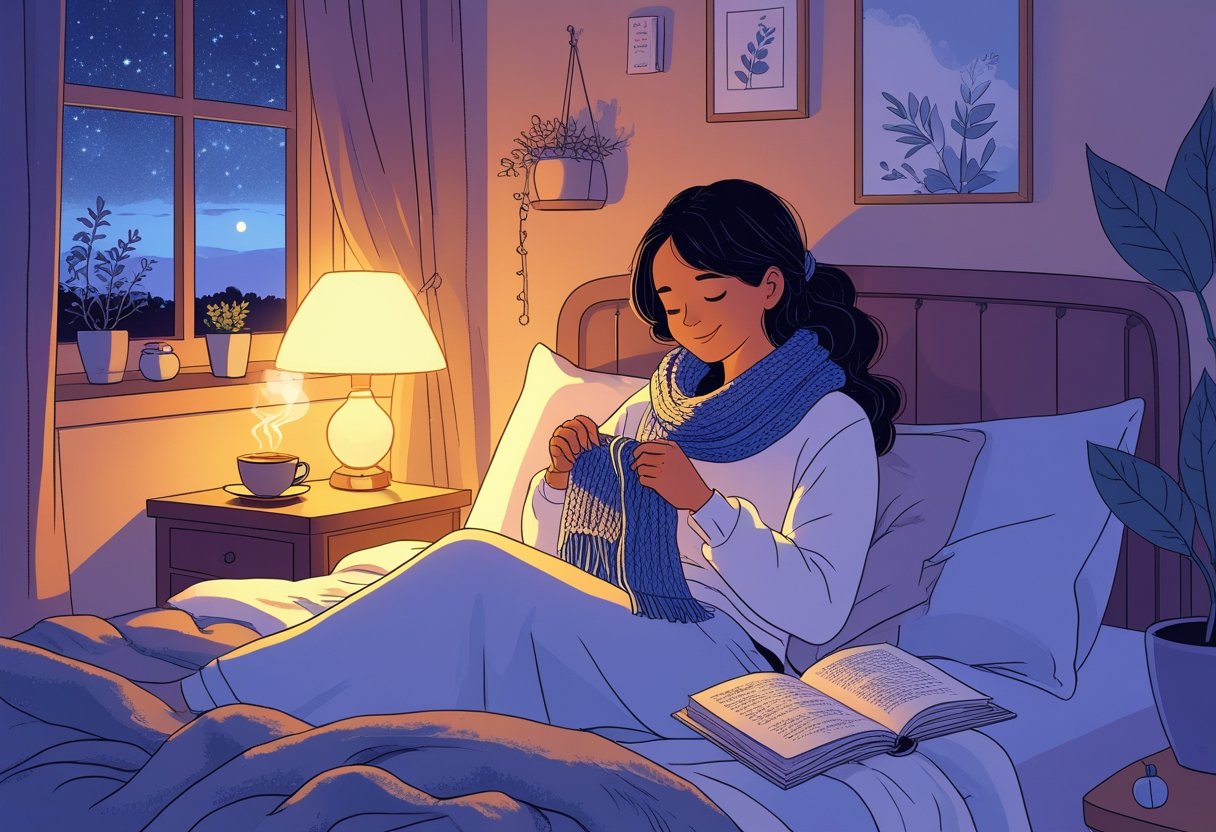 A person sitting on a bed knitting a scarf in a cozy bedroom at dusk with a lamp, tea, and a book nearby.