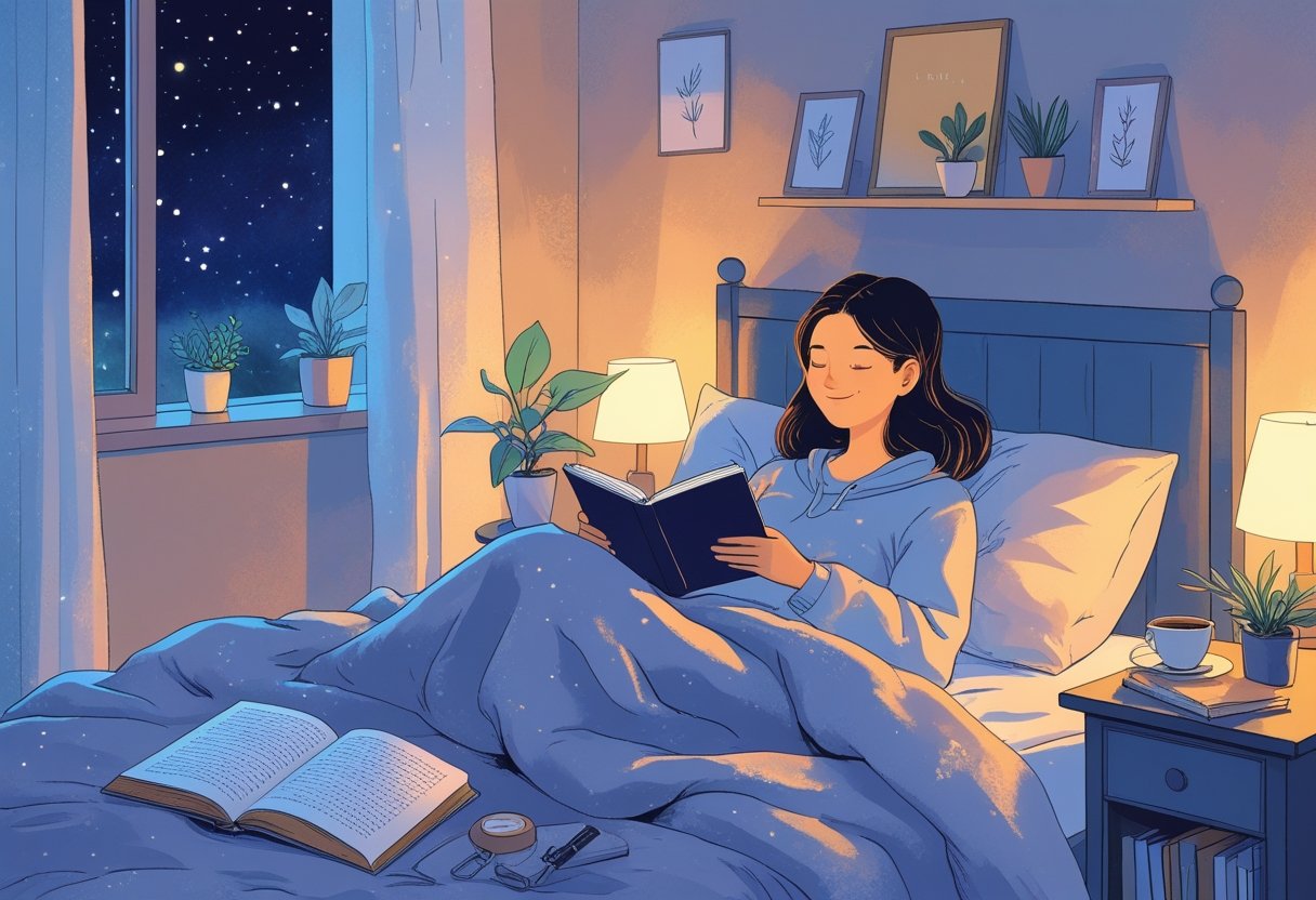 A person sitting on a bed at night, surrounded by a book, journal, tea cup, and a small plant, in a peaceful bedroom with a starry night visible through the window.