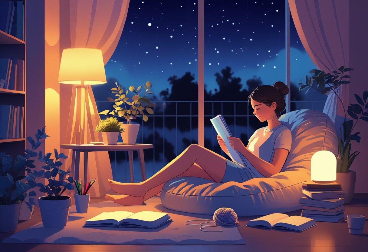 A person relaxing in a cozy room at night, engaged in creative hobbies like drawing and knitting, with warm lighting and a night sky visible through a window.