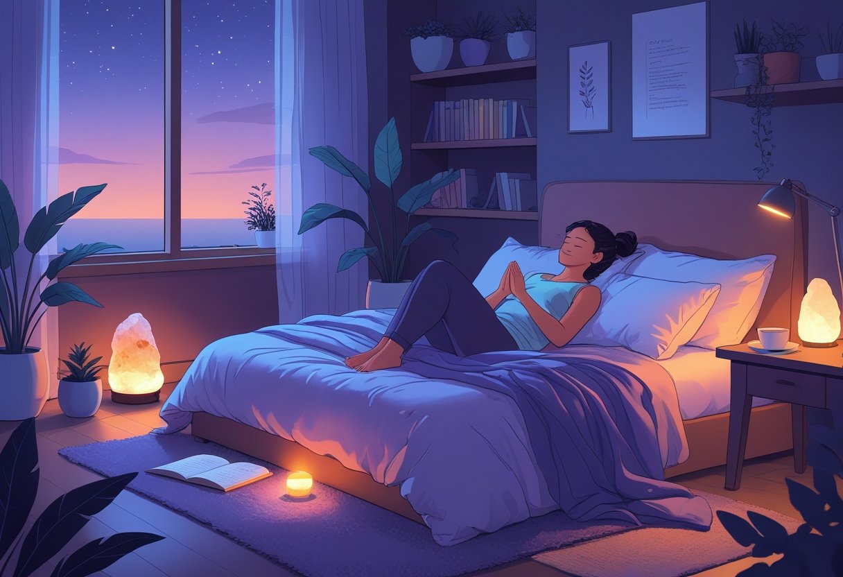 A person peacefully practicing meditation or gentle yoga in a cozy bedroom at night, surrounded by calming objects like plants, a cup of tea, and a journal.