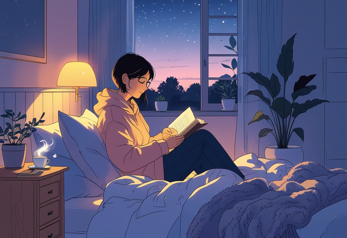 A person sitting on a bed in a softly lit bedroom, reading a book with a cup of tea on a nightstand beside them, surrounded by calming evening elements.