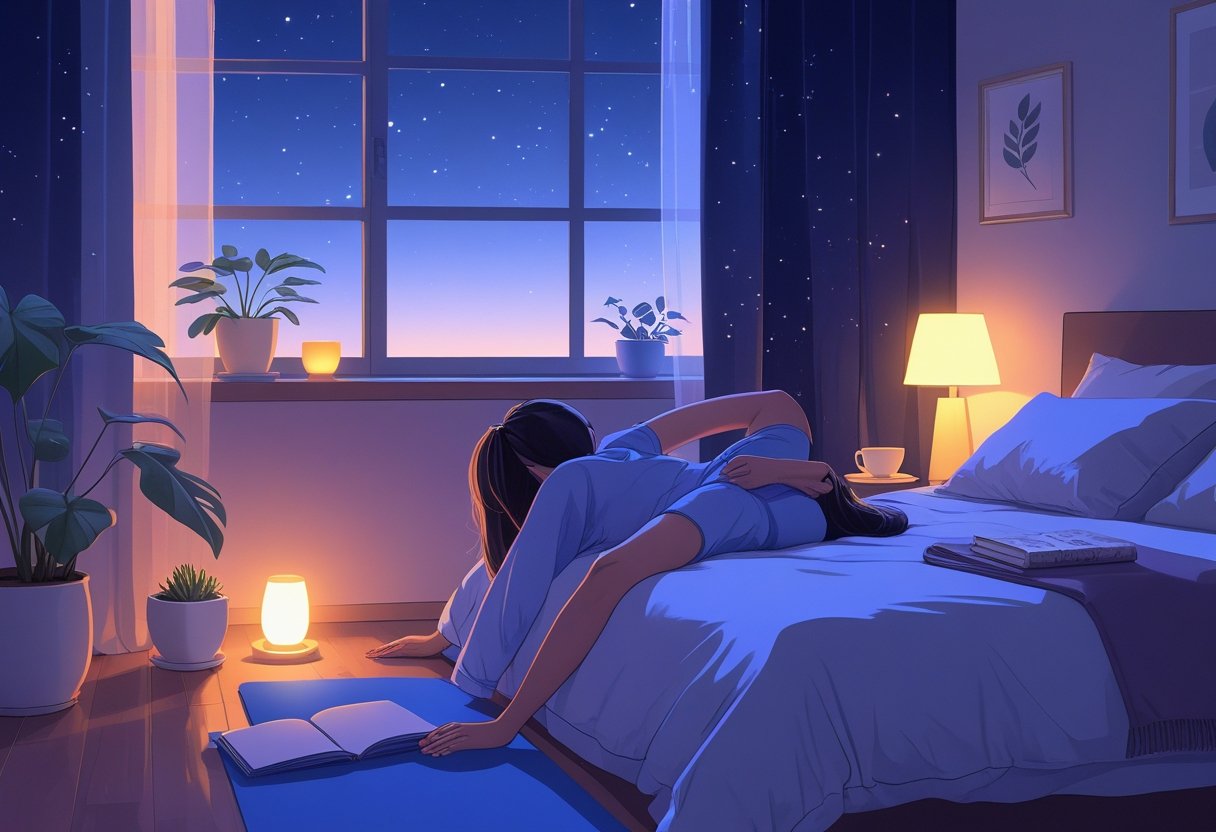 A person gently stretching on a yoga mat in a softly lit bedroom at dusk with a cup of tea on a bedside table and a night sky visible through the window.