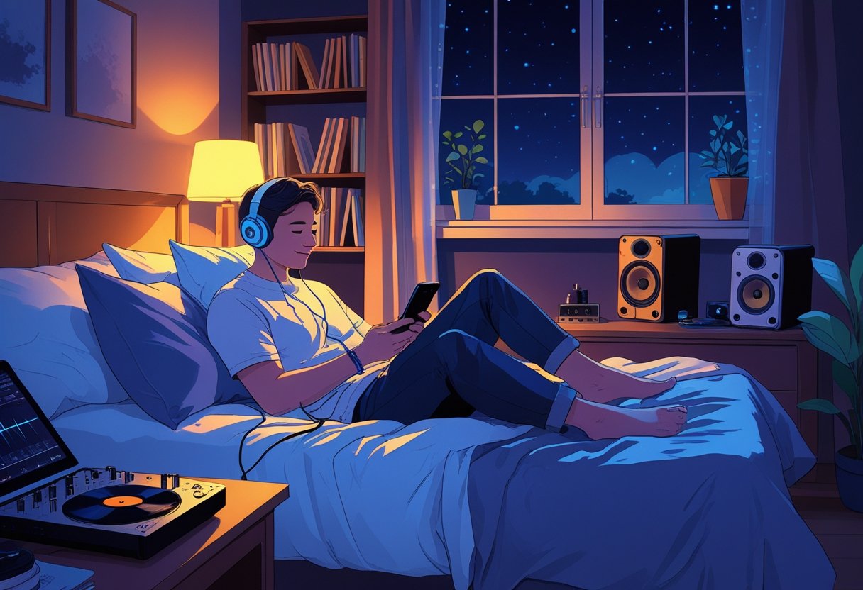 A person sitting on a bed at night using headphones connected to a digital device, surrounded by audio equipment and books in a softly lit bedroom.