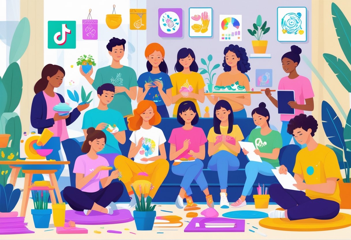 A group of people enjoying various popular hobbies like pottery, nail art, gardening, baking, tie-dyeing, dancing, drawing, DIY crafts, slime making, reading, makeup, playing guitar, yoga, model building, and hairstyling in a bright indoor space.