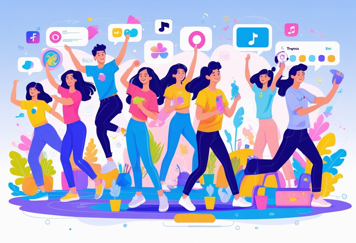 A group of diverse young people enthusiastically participating in various popular hobbies like dancing, painting, cooking, crafting, gardening, playing music, and exercising.