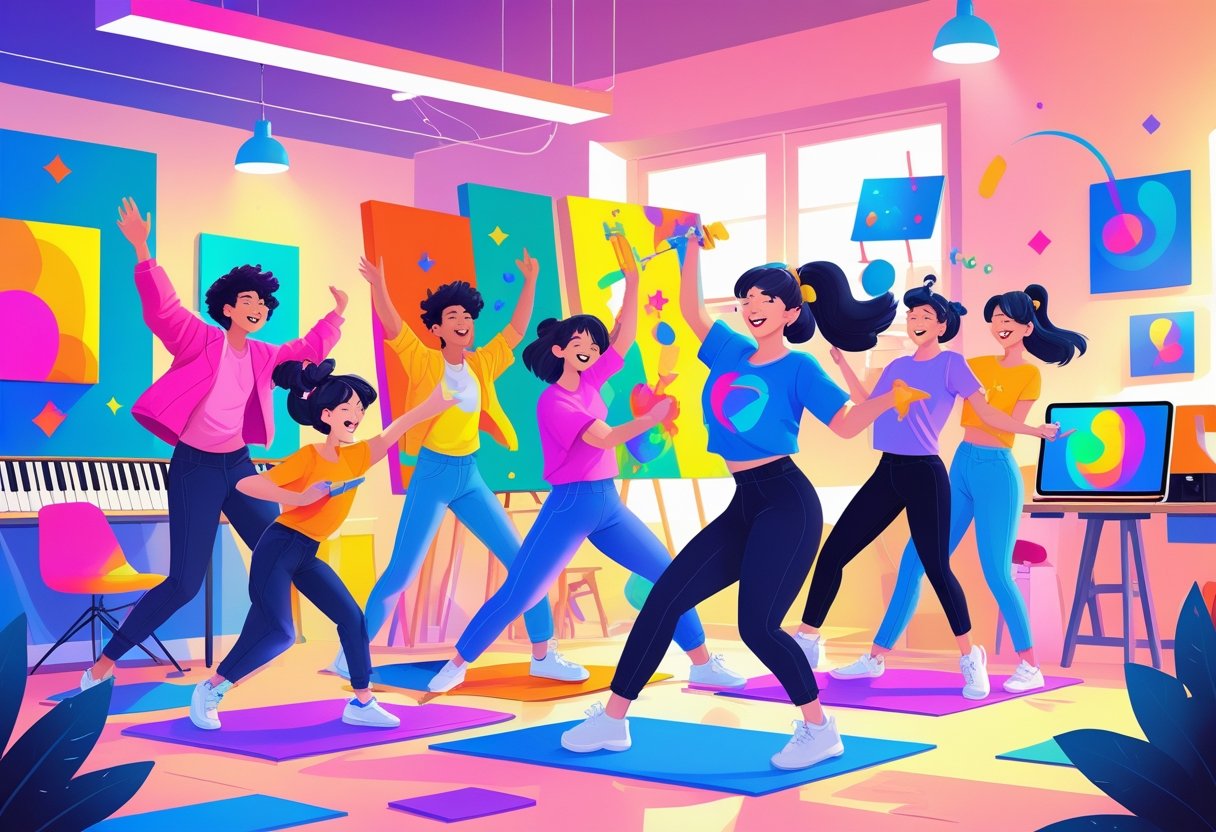 A group of diverse young people engaged in dancing, painting, playing instruments, performing magic, and practicing yoga in a bright, modern studio.