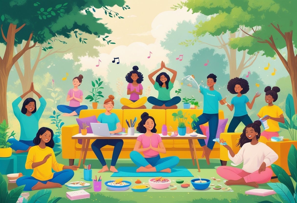 A group of diverse people practicing various wellness and self-care hobbies like yoga, journaling, plant care, cooking, dancing, painting, and skincare in both indoor and outdoor settings.