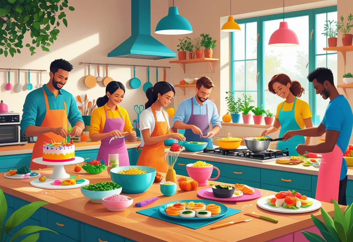 A cozy home kitchen with people cooking and baking various dishes, surrounded by fresh ingredients and kitchen tools.