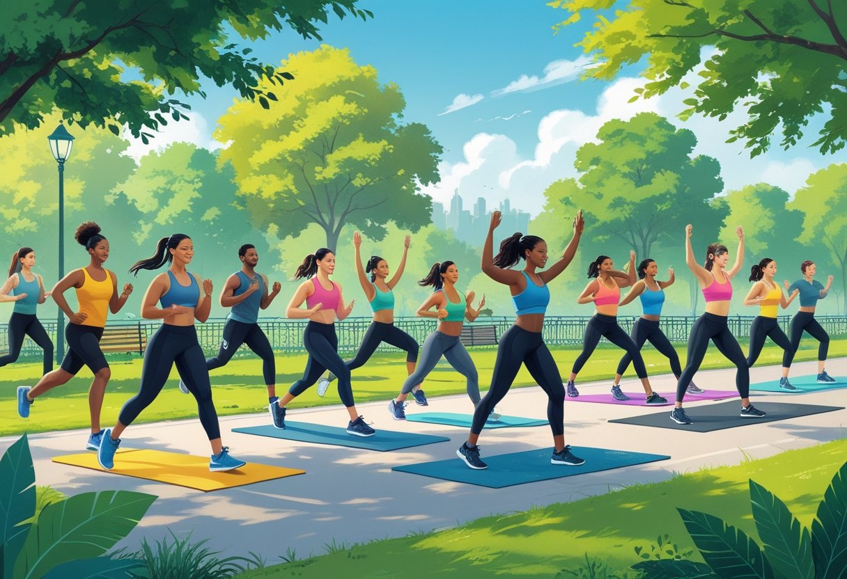 A group of diverse people exercising outdoors, jogging, doing yoga, dancing, cycling, and doing push-ups in a park setting.