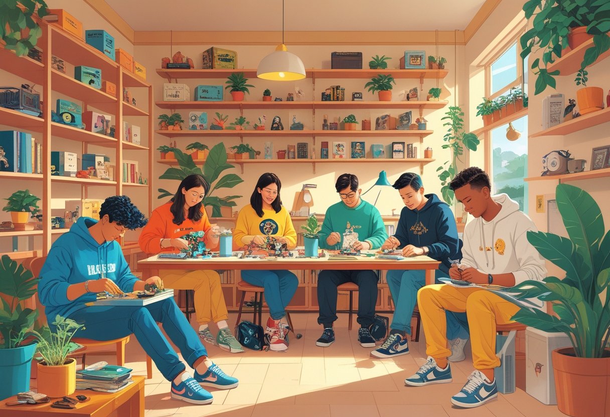 A group of people engaged in various collecting and niche hobbies indoors, surrounded by hobby-related items like vintage toys, plants, books, and art supplies.