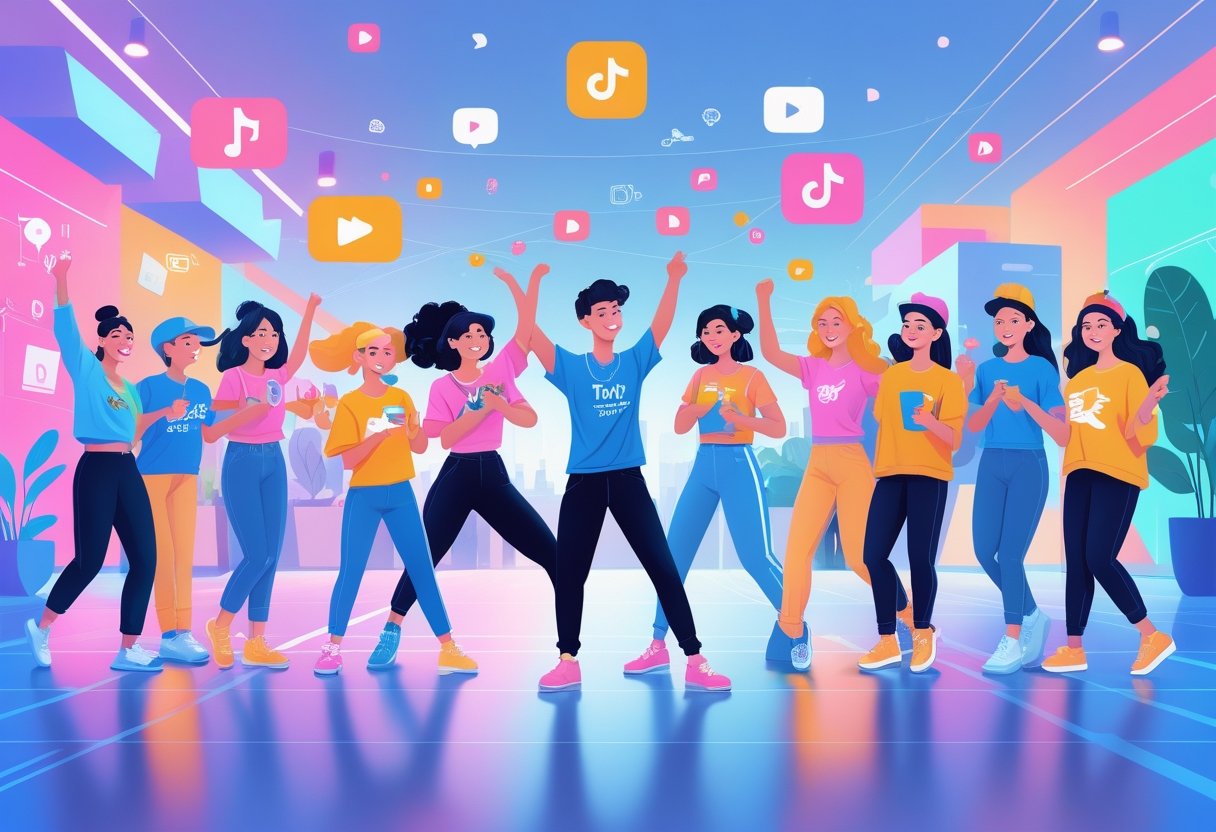 A group of diverse young people enjoying various hobbies popular on social media, such as dancing, crafting, cooking, painting, and gaming, in a bright urban setting.