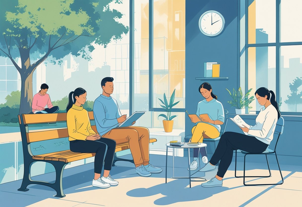 People enjoying quick hobbies like meditating, drawing, stretching, and reading during short breaks in a busy urban setting.