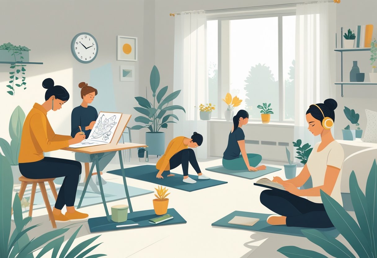 A group of busy people practicing quick hobbies like sketching, yoga, plant care, and reading in a tidy indoor space with natural light.