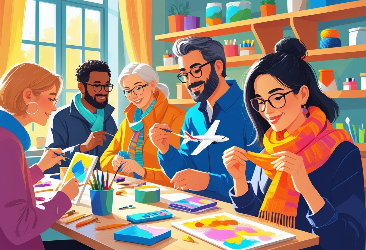 A group of people engaged in quick creative hobbies like painting, model building, knitting, and sketching in a cozy indoor space.
