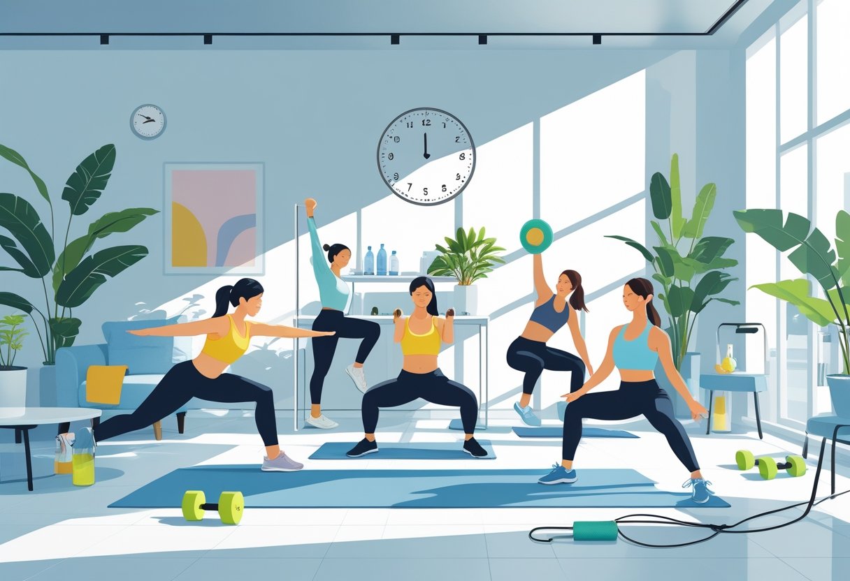 People performing quick physical exercises like stretching, yoga, and jumping rope in a bright indoor space.