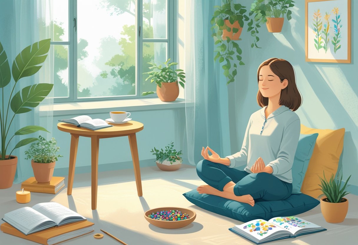 A person meditating on a cushion in a cozy room with a cup of tea, a book, a plant, and items for quick hobbies like drawing and journaling nearby.